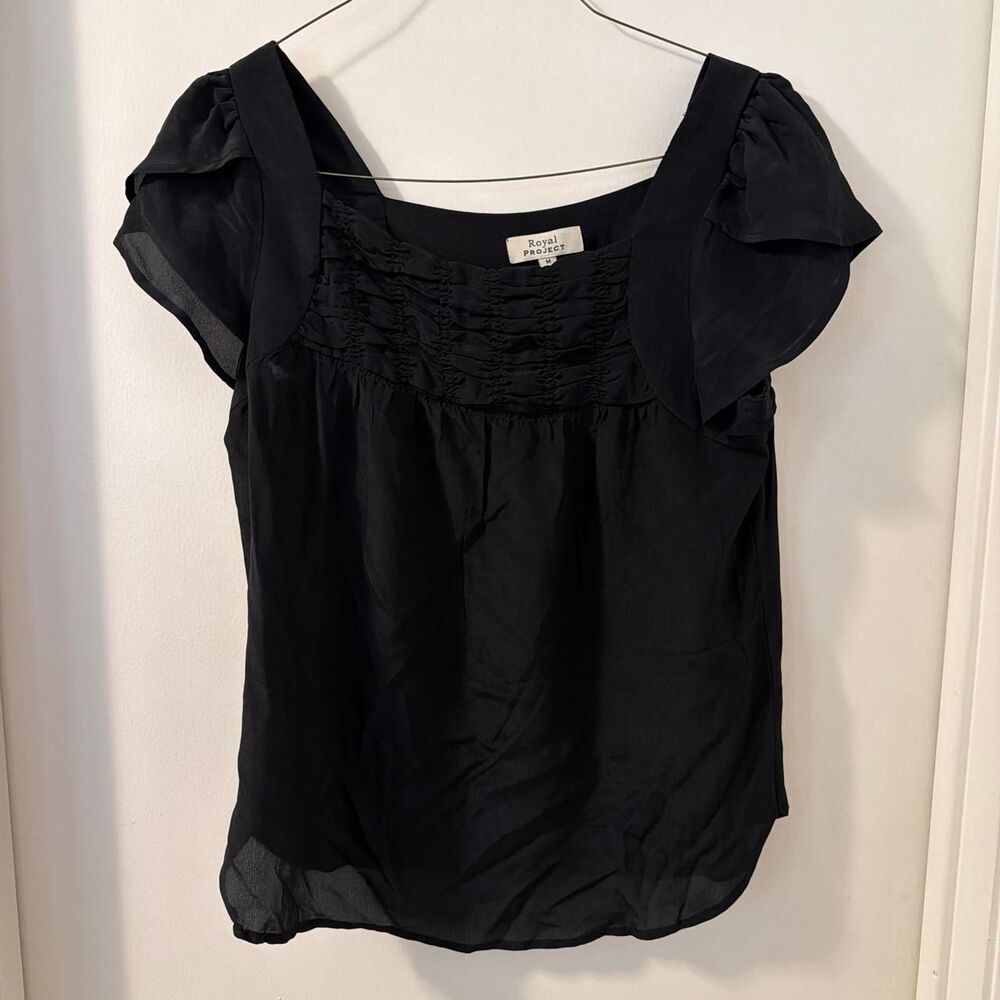Royal Project Vintage Silk Flutter Sleeve with rouching Black Blouse sz M